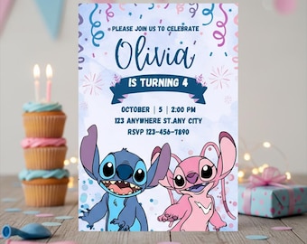 Stitch and Lilo Birthday Invitation, Lilo and Stitch Party Invite, Stitch and Angel Digital Kids Birthday Card, Hawaiian Birthday Invitation
