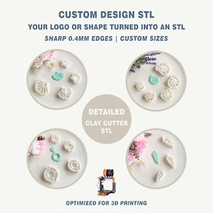 May include: Image of custom design STL files for 3D printing. Four plates display clay cutter designs, including shells and leaves. Text on the image reads: "CUSTOM DESIGN STL, YOUR LOGO OR SHAPE TURNED INTO AN STL, SHARP 0.4MM EDGES | CUSTOM SIZES, DETAILED CLAY CUTTER STL, OPTIMIZED FOR 3D PRINTING."