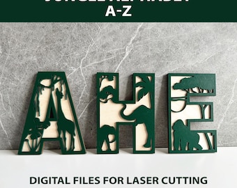 Jungle Alphabet SVG, Two-Layer Laser Cut Alphabet Bundle A-Z, Laser Ready Files for Names & Decor