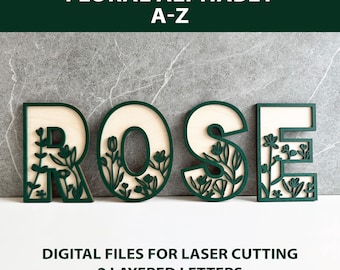 Floral Alphabet SVG, Two-Layer Laser Cut Alphabet Bundle A-Z, Laser Ready Files for Names & Decor