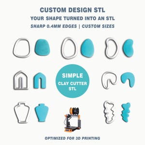 May include: Image featuring several clay cutter designs, including abstract shapes and architectural forms. The designs are shown with their 3D-printed outlines. Text on the image reads "CUSTOM DESIGN STL" and "OPTIMIZED FOR 3D PRINTING."