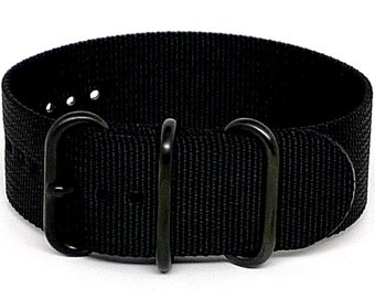May include: Black nylon watch strap with black metal buckle and keepers.