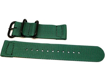 May include: A green nylon watch strap with black double keeper loops and a black buckle.