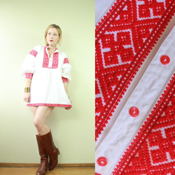 Vintage - 70s - Boho - Hippie - Ethnic - Hungarian - Red Embroidered - Poet Sleeve - White Cotton - Tunic Top - Shirt - Mini Dress - Unisex