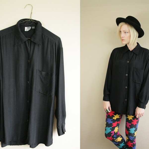 Black Button Up Collar Long Oversized Blouse