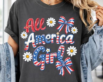 Chica estadounidense PNG, coqueta patriótica, lazo, diseño de camiseta, PNG, gráfico del 4 de julio, descarga digital, chica de EE. UU. PNG