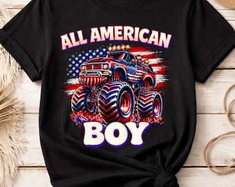 Diseño PNG de sublimación del 4 de julio, cita patriótica de camión monstruo "All American Boy" en formato PNG para camisetas, descarga de imágenes prediseñadas de camiones de EE. UU.