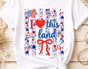 Me encanta esta tierra PNG Diseño de camiseta con bandera de EE. UU. floral patriótica PNG Gráfico del 4 de julio Descarga digital Cita de América PNG