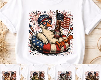 Diseño de camiseta con estampado de animales de EE. UU. (250 ejemplares) en formato PNG. Gráfico divertido de ganso, perro, rana, mapache y oso para el 4 de julio. Ideal para fiestas patrióticas con cerveza. Descarga digital.