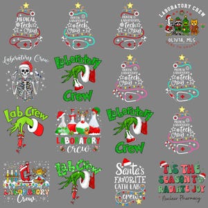 Könnte beinhalten: Eine Sammlung von Designs zum Thema Weihnachten für Laborpersonal. Die Designs umfassen Weihnachtsbäume mit medizinischen Symbolen, Elemente im Grinch-Stil und Texte wie "Lab Crew" und "Santa's Favorite Cath Labo Crew."