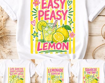 Paquete de diseños de camisetas con frases sobre limonada en formato PNG, gráfico de bebida veraniega de limón "Easy Peasy Lemon", estética frutal adorable, descarga digital.