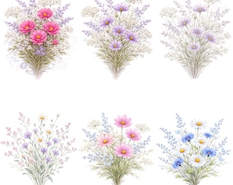 Paquete de imágenes PNG de flores en acuarela, imágenes PNG para diseño de camisetas, gráficos de ramos florales, imágenes prediseñadas de flores silvestres vintage, descarga digital.