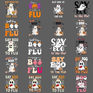 May include: A collection of Halloween-themed graphics with the phrase "Say Boo to the Flu." Designs include ghosts, pumpkins, and medical symbols. The text is in various fonts and colors, set against a gray background.