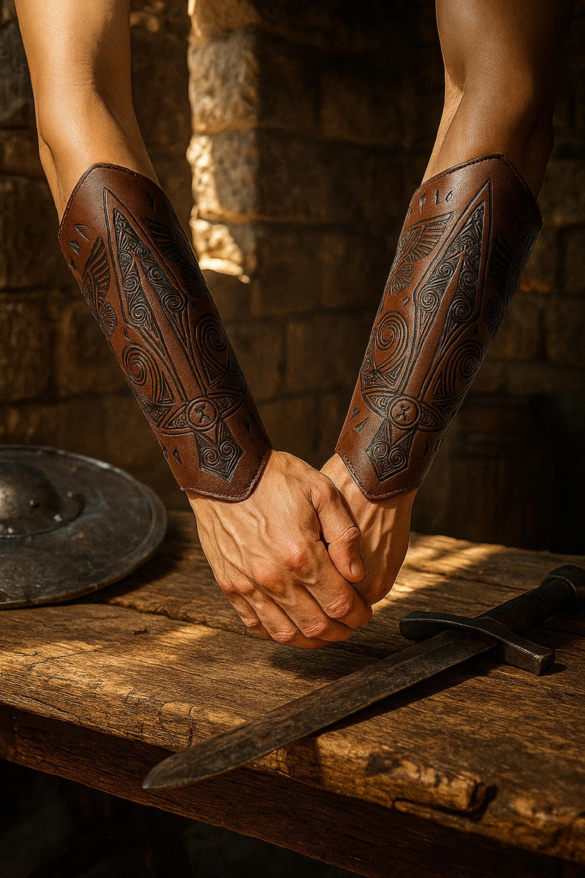 Embossed Faux Leather Arm Bracers: Medieval Costume Wrist Guards