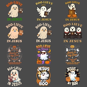 Op de afbeelding: Een verzameling Halloween-thema graphics met cartoongeesten en religieuze thema's. De ontwerpen bevatten geesten met bijbels, kruisen en de zinnen "Boo-lieve in Jesus" en "Jesus is my Boo" in verschillende lettertypen en kleuren.