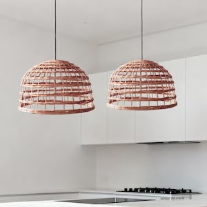 Lámpara colgante de cúpula de ratán, pantalla de lámpara de techo de mimbre, lámpara colgante de tejido abierto, decoración de iluminación moderna para isla de cocina
