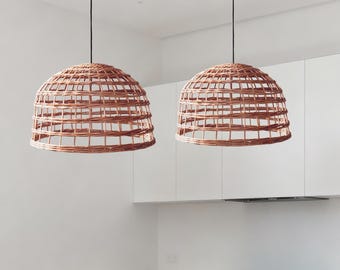 Rattan Dome Pendant Light, Wicker Ceiling Lamp Shade, Open Weave Hanging Light, Modern Kitchen Island Lighting Decor