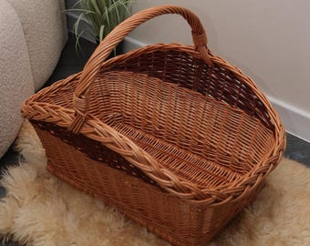 Large Wicker Gathering Basket with Handle, Garden Harvest Basket, Rustic Farmhouse Storage Basket, Flower Picking Basket