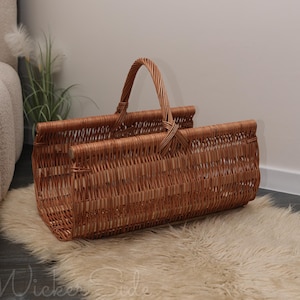 Handgefertigter Vintage Weiden Brennholzkorb, großer Rattan Holzhalter, antiker Boho Aufbewahrungsbehälter, Naturbraun Wohnkultur, Made in Europe