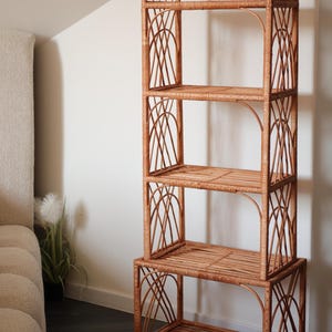 Handmade Arched Rattan Shelf, Vintage Wicker Shelf Unit, Handmade Boho Bookshelf, Natural Cane Furniture, Retro Home Decor