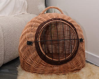 Wicker Cat or Dog Carrier, Handmade Travel Basket with Door, Eco Pet House for Cats & Small Dogs, Natural Comfortable Pet Travel House