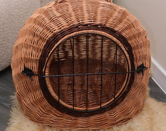 Handwoven Wicker Cat or Dog Carrier, Natural Willow Pet House with Door