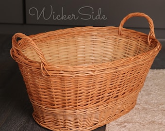 Handmade Large Wicker Laundry Basket with Handles, Bathroom Storage Basket, Laundry Hamper, Willow Log Basket, Natural Premium Wicker Basket