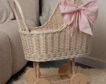 Handmade White Wicker Doll Pram, Baby Carriage with Pink Bow, Wicker Doll Stroller, Natural Toy Basket, Toddler Gift, Baby Shower Decor