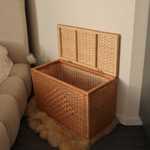 Vintage Handamde Wicker Storage Trunk, Rattan Laundry Basket with Lid, Natural Woven Blanket Chest, Large Toy Box, Boho Home Organizer