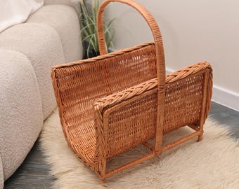 Handmade Wicker Firewood Holder, Rattan Log Basket with Handle, Fireplace Wood Storage Bin, Rustic Hearth Decor, Farmhouse Log Carrier