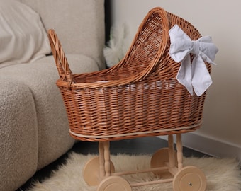 Baby Shower Gift or Decor Handmade Wicker Baby Carriage with Bow, Natural Doll Pram, Vintage Nursery Decor, Eco Baby Stroller