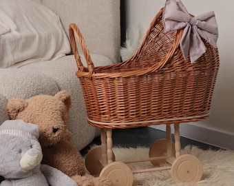 Natural wicker baby carriage with wheels, Wicker baby stroller, Baby doll stroller, Wicker doll pram, Wicker toy basket, Wicker toddler gift