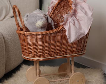 Natural baby carriage, baby stroller basket, wicker doll stroller, brown vintage rattan stroller, baby shower carriage decor