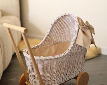 Minimalist Wicker Doll Stroller, Scandi Nursery Toy, Handmade Rattan Pram, Wooden Wheels Toy Cart, Neutral Kids Decor, Gift for Toddler