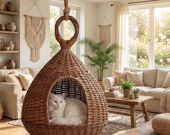 Wicker Cat Hammock, Teardrop Cave Shape, Enclosed Hanging Basket Bed, Willow Hanging Basket