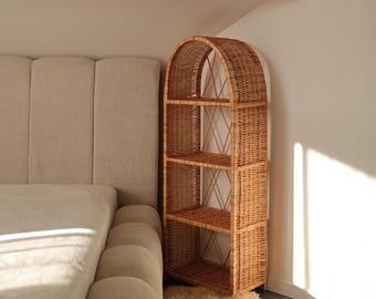 Large 58in/135cm Handwoven Rattan Shelf, Arched Wicker Bookshelf, Bamboo Bathroom Storage
