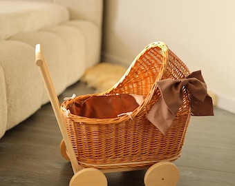 Wicker Doll Pram with Brown Bow, Handmade Rattan Doll Stroller, Baby Carriage Toy, Nursery Decor, Gift for Girl, Wooden Wheels