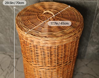 Round Laundry Hamper with Lid, Handmade Rattan Hamper with Liner, Natural Storage Bin for Clothes
