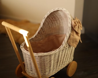 Toddler Push Buggy, Natural Wicker Baby Carriage, Doll Stroller, Push Toy For Toddler Girls, Eco Toy Basket, Nursery Room Toy