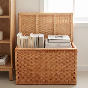 May include: A rectangular light brown woven wicker storage chest with an open hinged lid. The chest is filled with a collection of hardcover books arranged vertically and a stack of books placed horizontally on the right side of the interior.