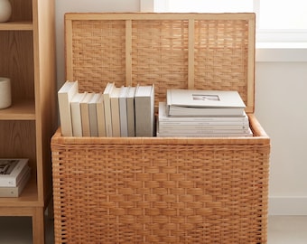 Large Wicker Storage Trunk with Lid, Rattan Chest, Woven Storage Box, Blanket Basket, Bedroom Organizer, Rustic Farmhouse Decor