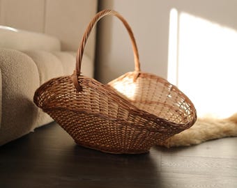 Wicker Gardening Basket, Slanted Garden Tool Basket, Rattan Organizer with Handle, Handmade Outdoor Storage
