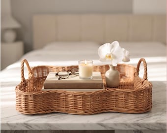 Rattan Tray for Books and Candles, Sturdy Wicker Nightstand Organizer, Handmade Natural Bedside Tray, Keeps Essentials Tidy