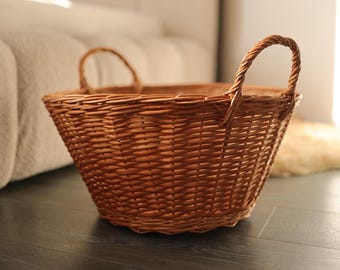 Wicker Storage Basket with Handles, Laundry Hamper, Handmade Willow Basket, Rustic Home Organizer, Decorative Basket