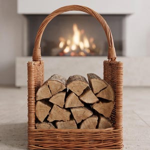 Puede incluir: Una cesta rectangular de mimbre trenzado con un asa alta arqueada, llena de leña cortada apilada. La cesta presenta un acabado natural en color marrón claro y una base resistente, diseñada para almacenar y transportar leña para chimeneas.