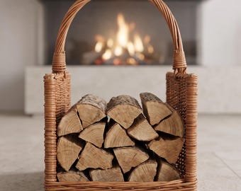 Wicker Firewood Basket, Rattan Log Holder, Handmade Open Frame Fireside Basket
