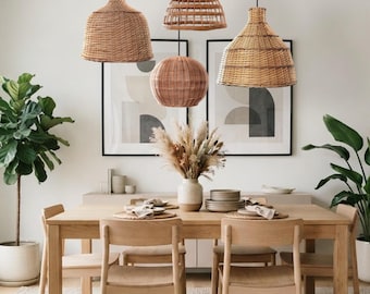 Handwoven Wicker Pendant Light Shade, Natural Rattan Boho Farmhouse Lamp
