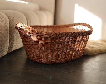 Large Rattan Laundry Hamper, Blanket Basket, Oval Toy Chest, Handmade Wicker Organizer, Rustic Home Utility Storage