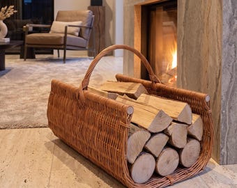 Wicker Firewood Basket with Handle, Handmade Log Carrier, Natural Willow Fireside Basket, Rustic Farmhouse Fireplace Decor