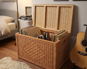 Wicker Storage Chest with Hinged Lid, Rattan Trunk Basket, Large Woven Basket, Home Organizer, Entryway Storage, Boho Farmhouse Decor
